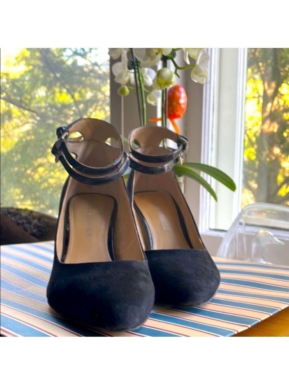 Audrey Brooke Stiletto Heels Suede Patent Trim Pointed Toe Double Strap Black